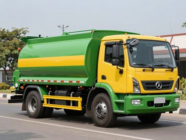 A clean modern green and yellow vacuum truck parked neatly on a clean Karawang street, bright daylight, professional commercial photography, sharp focus