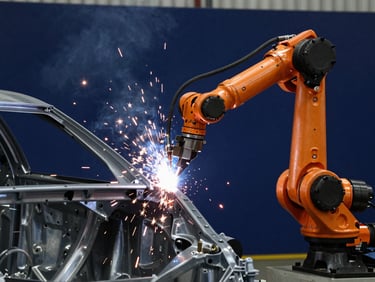 Robotic arm performing precise spot welding on a car chassis, bright sparks, deep navy background, sharp focus, 35mm.