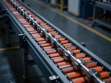 Overhead shot of a clean automated conveyor line transferring machined metal components, dramatic factory floor daylight, sharp focus, 35mm