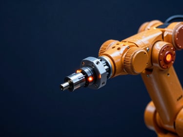 Tight sharp macro shot of a mechanical joint on a robotic welding arm, glowing orange safety indicators, deep navy background, crisp focus, 35mm