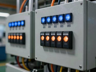 Close-up of a clean PLC control panel with glowing blue and orange indicators, structured wire management, technical precision, 35mm