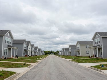 Wide environmental shot of a completed factory-built neighborhood in Michigan, overcast daylight, rows of single-family homes on platted lots viewed from a low angle across the street, no people, clean concrete curbs visible in foreground