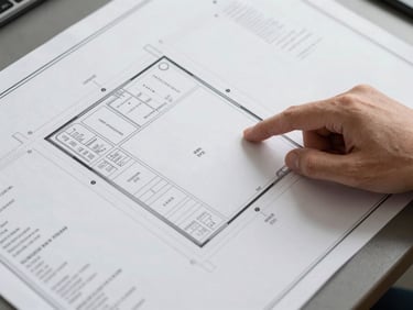 Overhead detail shot of a land parcel site plan document on a table, printed plan with lot lines and street layout marked, a hand resting at edge pointing to a parcel boundary, overcast natural light, clean and sharp
