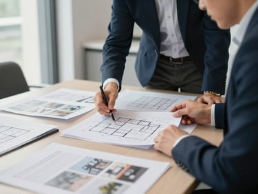 Medium shot of two professionals reviewing site plan documents spread across a conference table under clean office lighting, architectural drawings and printed comps visible, no faces in close-up, natural daylight from window at left