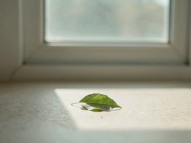 Soft morning sunlight filtering through a delicate green leaf, casting gentle shadows on a neutral stone surface, calm and hopeful mood