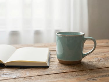 A ceramic mug on a rustic wooden table next to an open notebook, soft diffused morning daylight, peaceful atmosphere