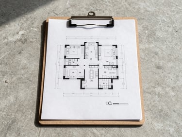 Straight-on architectural framing of a clean, organized construction site plan on a clipboard, high-contrast daylight, concrete background, technical and precise.