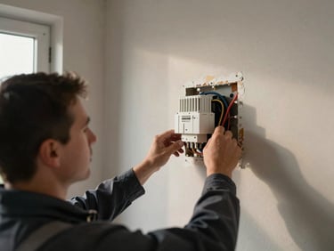 Wide over-the-shoulder shot of a technician tracing thermostat wiring at a wall unit during installation, exposed drywall patch nearby, warm daylight from a window, matte neutral walls