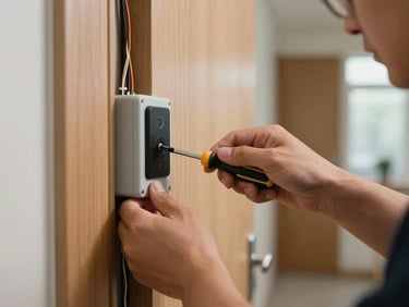 Close-up of a technician's hands mounting a door-access control panel onto a wooden door frame, screwdriver visible, exposed wiring neatly bundled, interior hallway in background under natural light