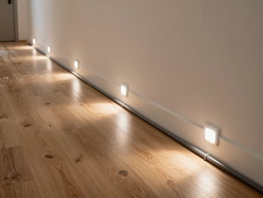 Wide shot of a residential hallway during installation, cable conduit laid neatly along the baseboard, work lights casting even illumination, natural wood flooring, no people visible