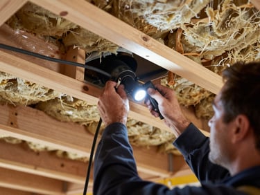 Over-the-shoulder view of a technician routing speaker cable through a ceiling joist cavity, flashlight visible, natural wood framing and insulation in background, documentary framing no staging