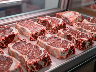 Close documentary shot of fresh beef cuts arranged on a butcher counter surface, natural window light from the side, deep red textures visible, no people, ambient store light