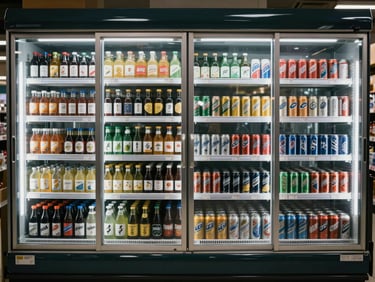 Refrigerated beverage section of a supermarket, bottles and cans neatly arranged behind glass doors, cool ambient light, documentary store environment, no people