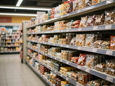 Supermarket aisle shelves stocked full with packaged food products and dry goods, warm ambient store lighting, environmental wide shot showing depth and variety, no people