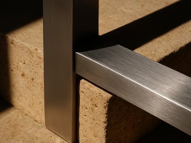 Macro photograph of brushed steel joints meeting raw stone, sharp metallic texture, high-contrast shadows.
