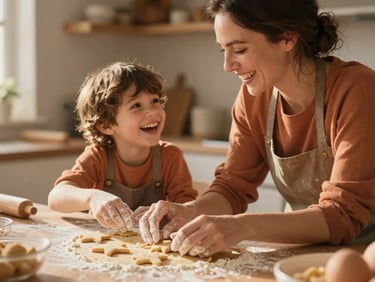 A mother and child laughing while baking cookies in a sunlit kitchen, flour dusting their hands, candid interaction, warm cinematic photography, shallow depth of field