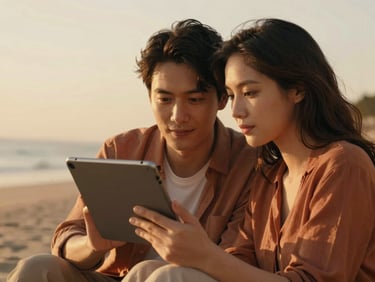 Warm cinematic photograph of a couple looking at a tablet together, sharing a moment, golden hour light, shallow depth of field