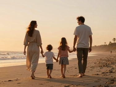 Warm cinematic photograph of a family walking hand-in-hand on a beach at sunset, golden hour light, shallow depth of field