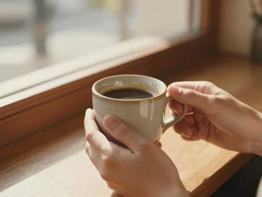 Close-up of hands gently holding a small, artisanal ceramic mug filled with coffee, warm natural window light, soft focus background of a cozy cafe, cinematic medium shot