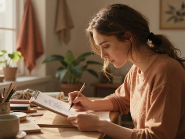 A woman sketching in a sunlit studio, surrounded by natural textiles and plants, focused and calm, cinematic close-up, golden hour light, soft terracotta and sand tones