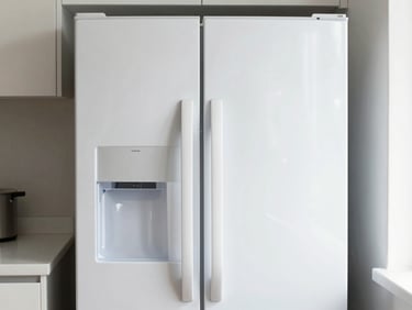 A clean, modern refrigerator standing in a bright kitchen, natural daylight, sharp focus