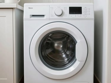 A white washing machine in a well-lit laundry room, realistic documentary style
