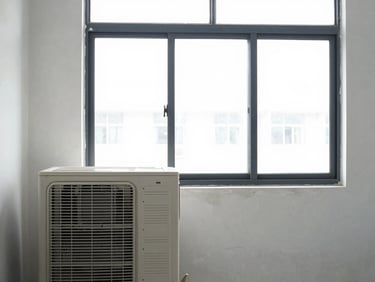 A window air conditioner unit installed in a clean room, bright daylight, 35mm lens