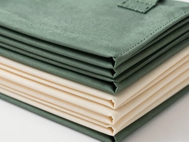 Straight-on clean studio product shot of neatly stacked nonwoven loop-handle bags in muted earthy forest green and raw cream colors, soft natural daylight, sharp macro detail, 35mm lens