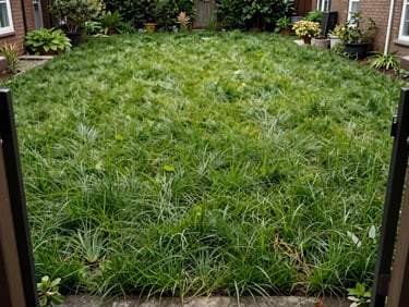 Environmental wide shot of a heavily overgrown residential garden lawn, thick uncut grass reaching ankle height, natural overcast daylight, no people, full plot visible from garden gate perspective