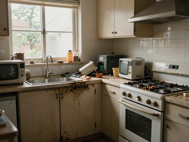 Wide shot of a kitchen interior showing heavily soiled surfaces, grease-coated stovetop, cluttered counters with old appliances and accumulated grime, cabinet doors left open revealing disorder, natural daylight from a window above the sink