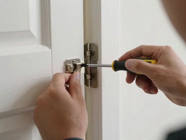 Close detail shot in natural daylight of hands using a screwdriver to fix a door hinge on a white painted door. Tool in hand, work in progress, no face visible, natural indoor light.