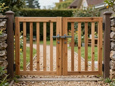 Wide natural daylight shot, exterior — a freshly repaired garden gate rehung and straight, latch aligned, gravel path visible below, no people, environmental context showing full repair outcome