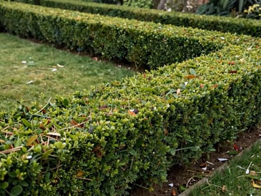 Environmental wide shot of a neat trimmed garden hedge after cutting, clean flat top and sides, cut debris on ground visible, natural daylight, no people, full hedge length in frame