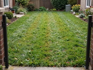 Environmental wide shot of the same residential garden after mowing, clean uniform grass height with visible mowing stripes, natural morning daylight, no people, full plot visible from garden gate perspective