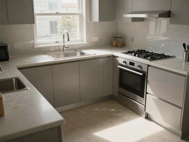 Wide shot of the same kitchen after cleaning — counters bare and scrubbed, stovetop spotless, cabinet doors closed, sink gleaming under natural daylight from the window above, no items left on surfaces, floor visibly clean