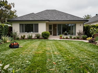 Wide environmental shot, natural daylight, a tidy Atlantic-region residential property seen from the garden: freshly mowed lawn in the foreground, a cleaned facade and trimmed hedge visible beyond, a worker's tool bag resting on the grass to the left third — full context of a completed multi-service job, no people featured prominently