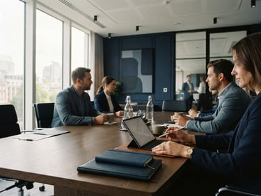 An elegant, high-end corporate office meeting room with soft natural daylight filtering through large windows, deep navy and slate tones, shallow depth of field, architectural details, 35mm photography.