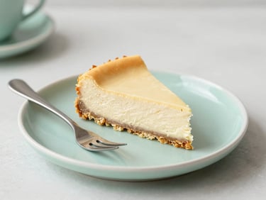 Single slice of creamy cheesecake with a small fork on a matte ceramic plate, soft natural daylight, minimalist styling