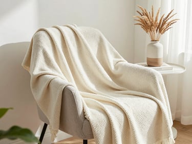 Cozy reading nook with a textured cream throw blanket on a modern chair, a ceramic vase with dried grass, and soft sunlight
