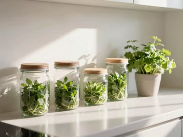 Bright sunlit kitchen counter with glass storage jars, fresh herbs in a pot, and soft morning light