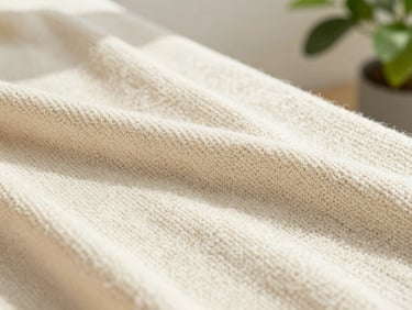 Close-up of a textured cream bouclé knit sweater fabric, warm sunlight, soft shadow play