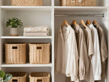 Neatly organized wardrobe closet with wooden hangers, woven baskets, and neutral tone clothes