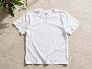 Flat-lay of a crisp white organic cotton t-shirt on a light stone surface, soft natural shadows, minimalist styling