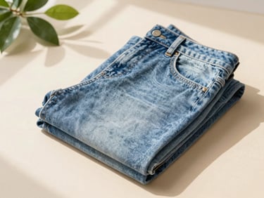 Detail of light wash straight-leg denim jeans folded neatly, warm sunlight casting soft shadows, fresh aesthetic