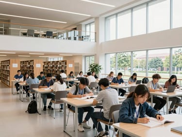 Bright, modern college library interior with students reading and studying at tables, natural daylight, clean modern campus, professional students, authentic academic setting, 35mm, sharp focus