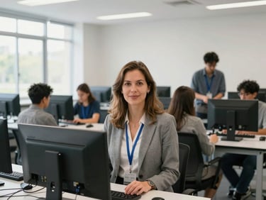 bright editorial photography, natural daylight, portrait of a female computer science professor in a modern computer lab, professional setting, sharp focus, 35mm