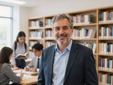 bright editorial photography, natural daylight, portrait of a mature male professor in a professional academic office, bookshelves in the background, sharp focus, 35mm