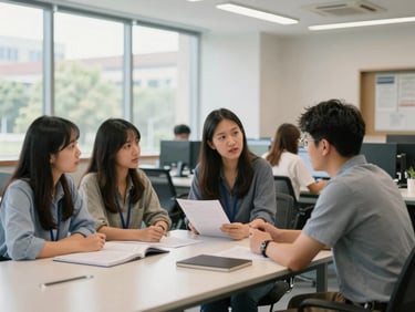 Student receiving mentorship from a faculty member in a campus career services office, discussing placement opportunities, bright natural daylight, clean indoor illumination, medium shot, authentic academic setting, 35mm, sharp focus