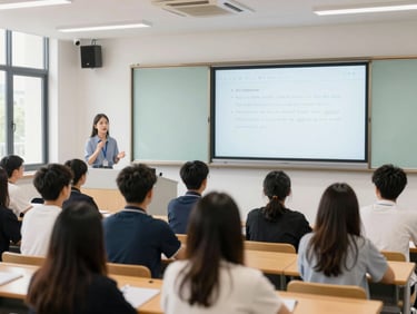 Modern seminar hall with comfortable seating and a large screen, students engaged in a discussion, natural daylight, clean modern campus, professional students, authentic academic setting, 35mm, sharp focus