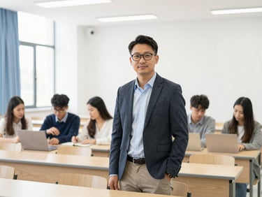 bright editorial photography, natural daylight, portrait of a male business management professor in a bright lecture hall, professional attire, clean academic environment, sharp focus, 35mm